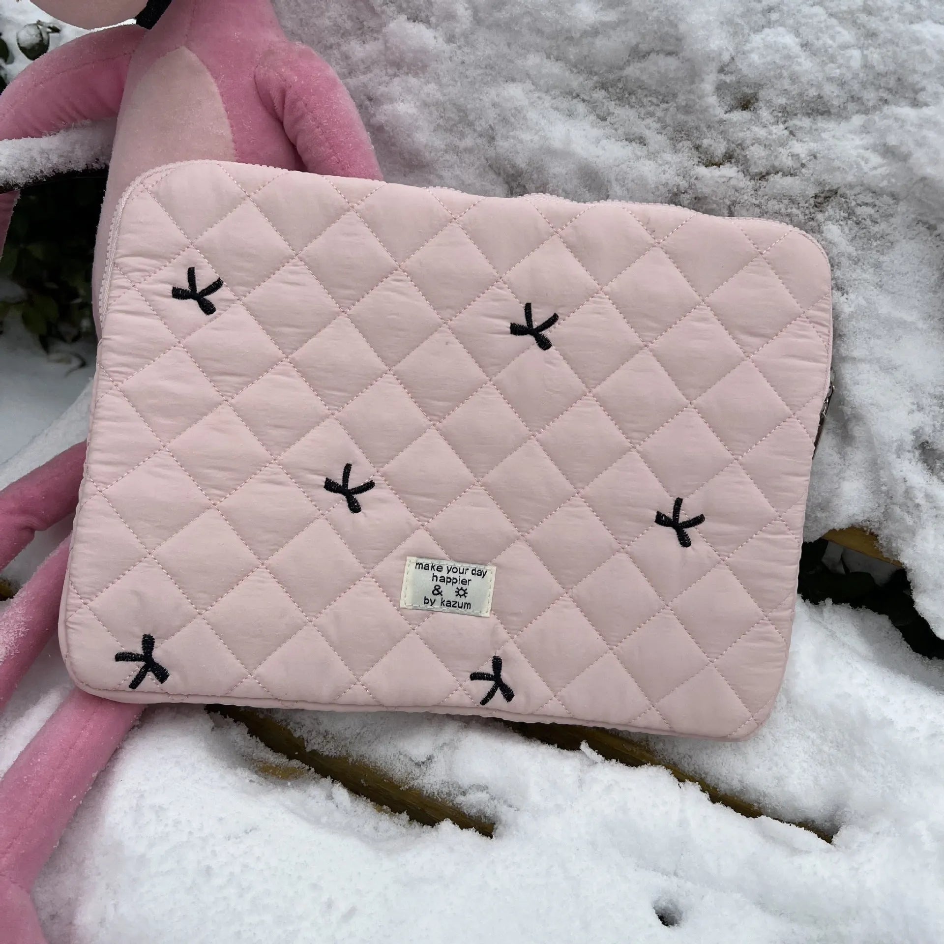 Notebook storage bag with rhombus embroidery and bow decoration in nylon fabric