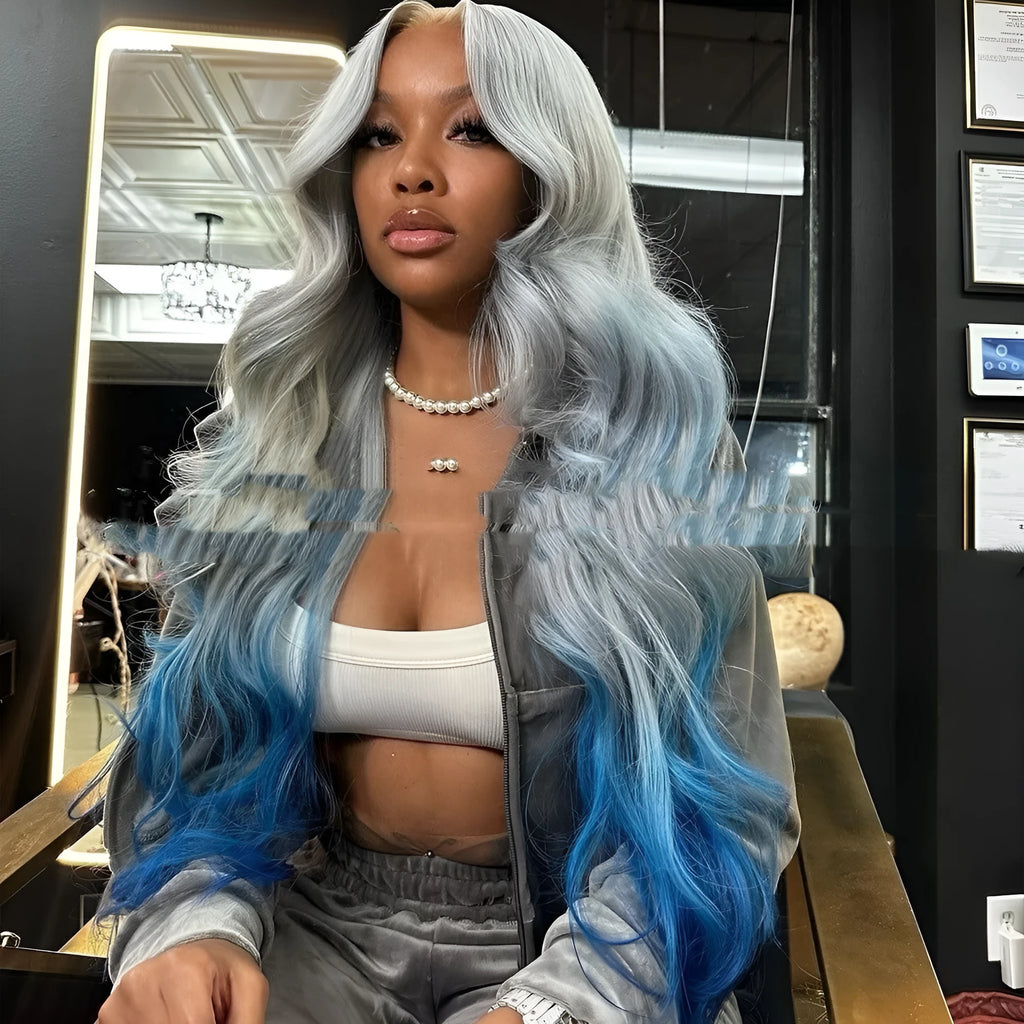 Grey and blue gradient human hair lace front wig with natural-looking 4x4 lace frontal.