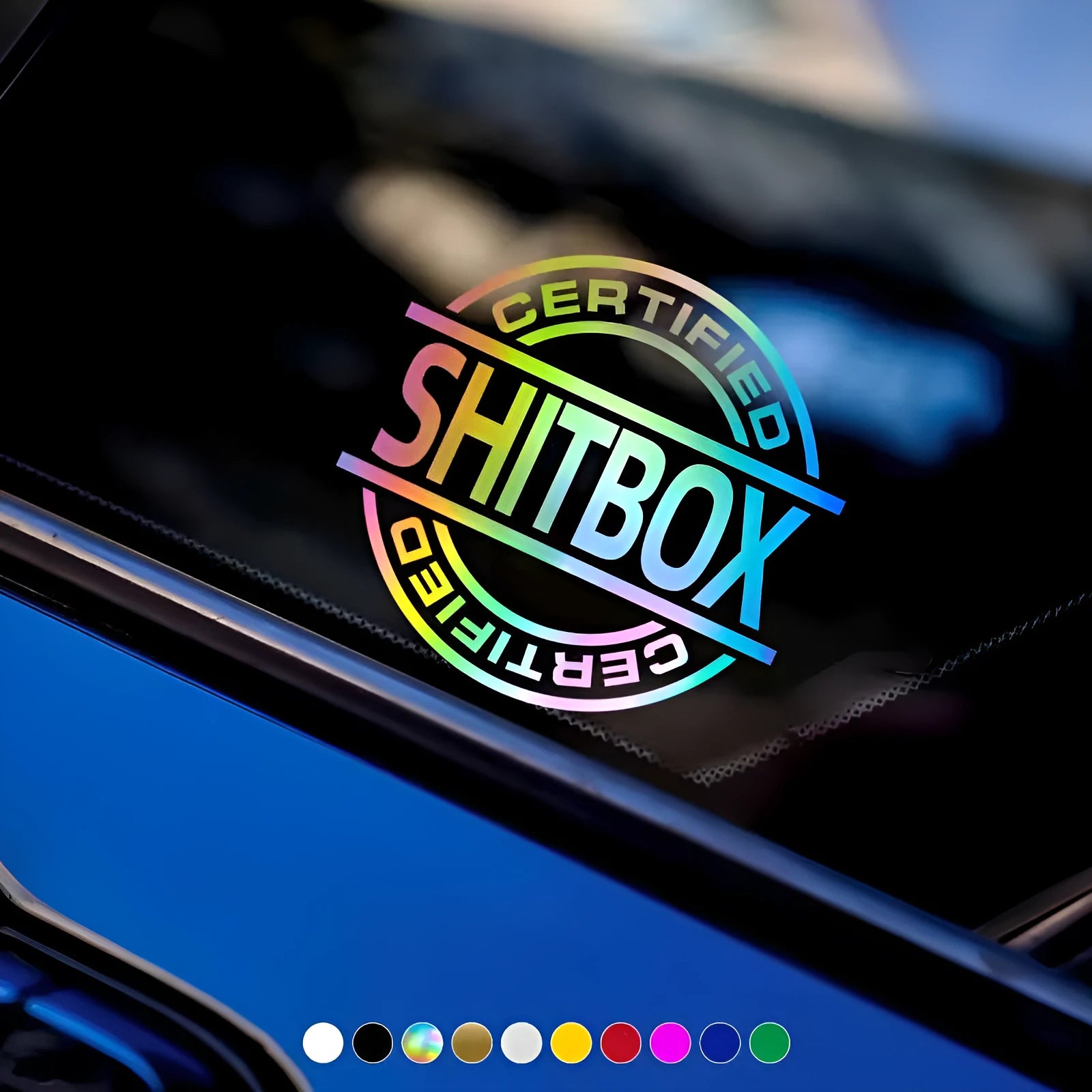 Creative vinyl car body sticker in multiple colours showing 13cm by 12cm dimensions.
