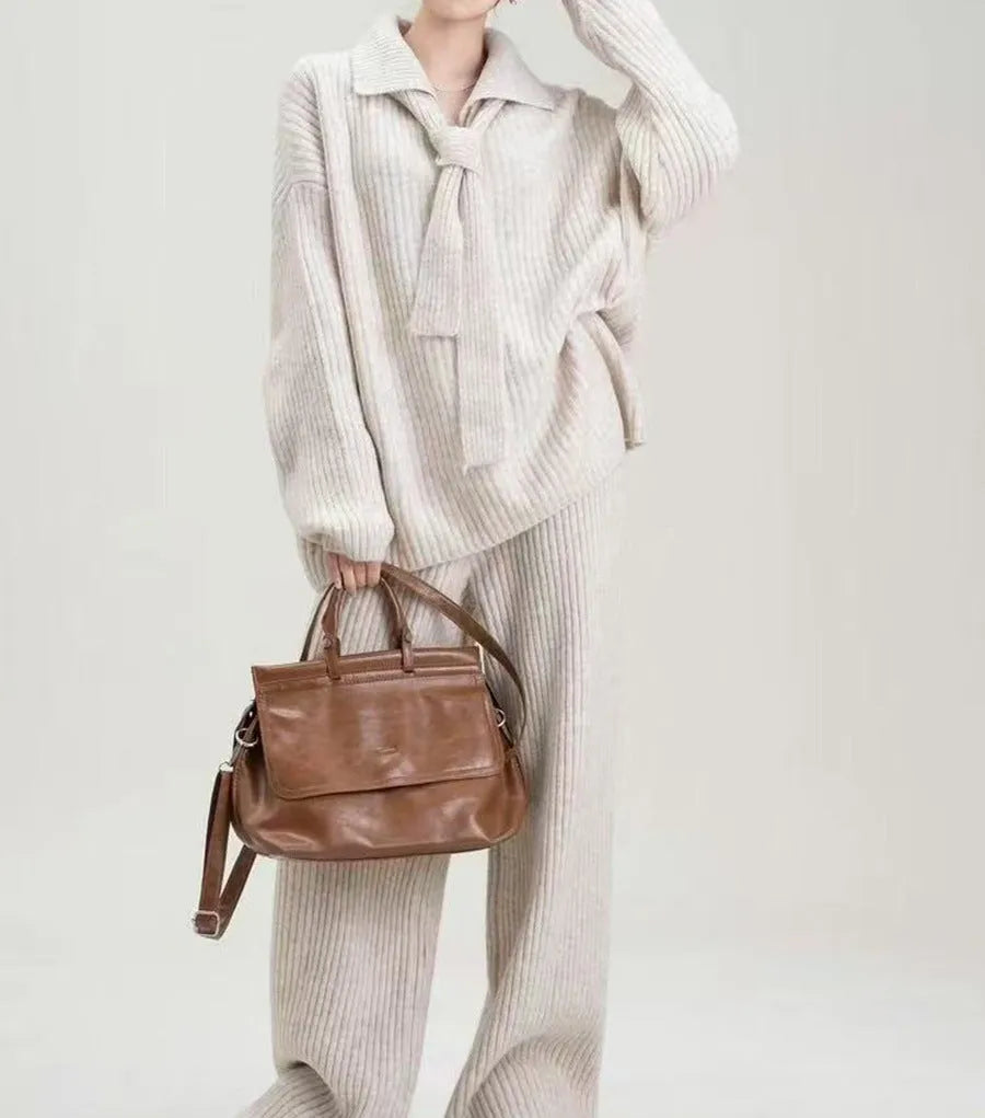 Sweater suit two-piece set with knitting top and trousers in imitation cashmere fabric