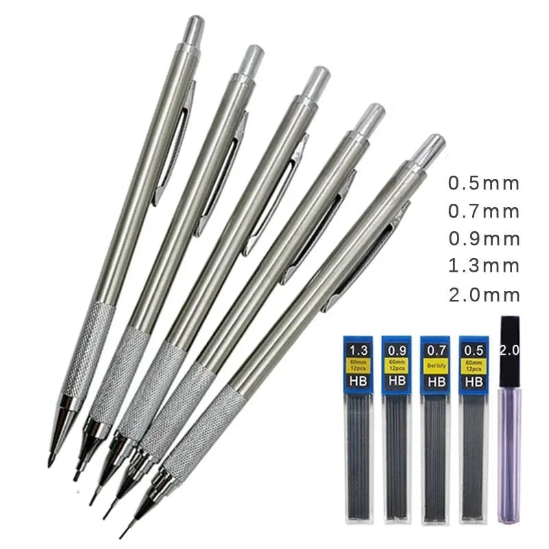 Metal automatic mechanical pencil with 0.5mm to 2.0mm lead size options