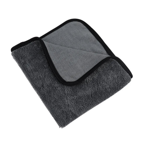 Grey square microfiber car wash towel laid flat, showing its 40x40 cm size.