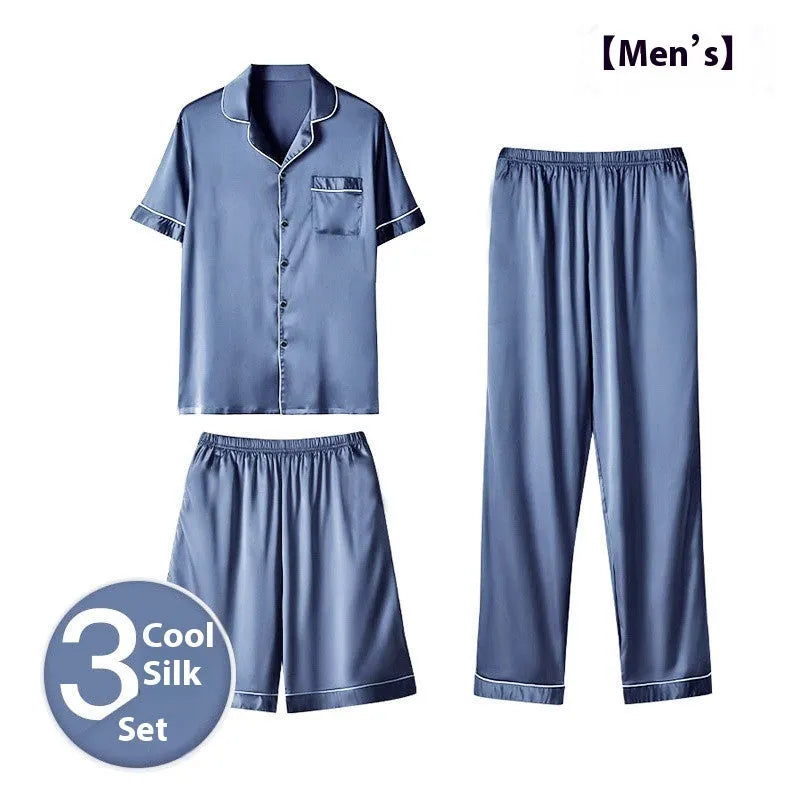 Men's black ice silk three-piece home wear suit featuring a sleeveless top, shorts, and trousers laid flat