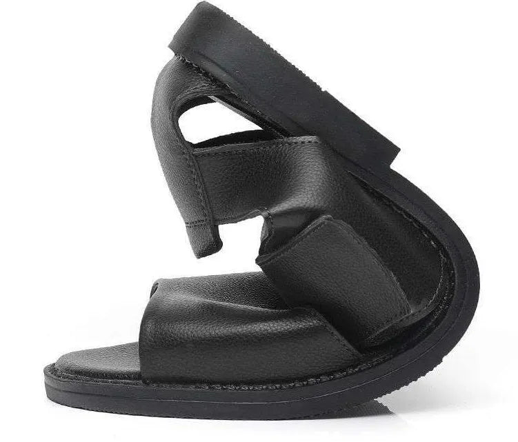 Men's black and brown leather open-toe casual sandals with rubber soles, shown from the side.