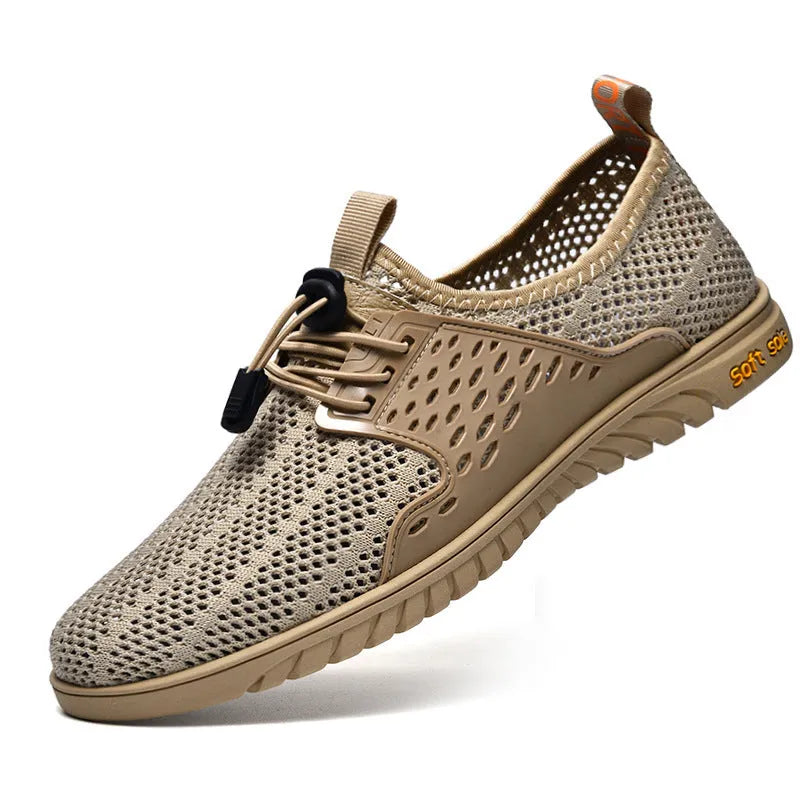 Men's black breathable mesh casual shoes with elastic band fastening and flat rubber sole
