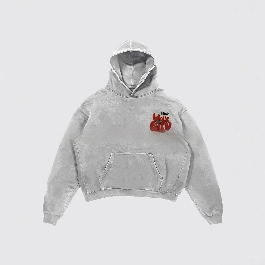 Granny Grey Harajuku character print hoodie with front pocket and long sleeves