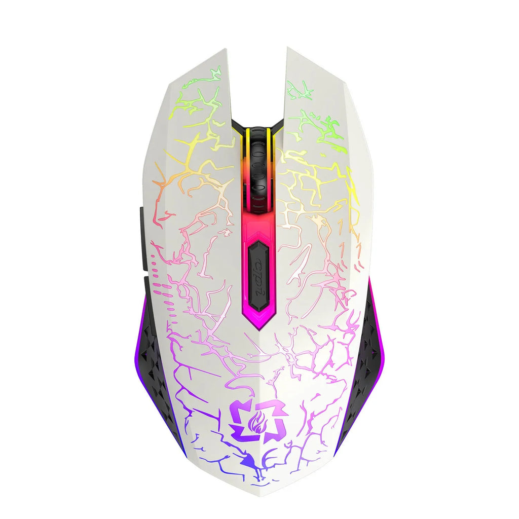 Black wireless gaming mouse with luminous breathing light effects on desktop with charging cable