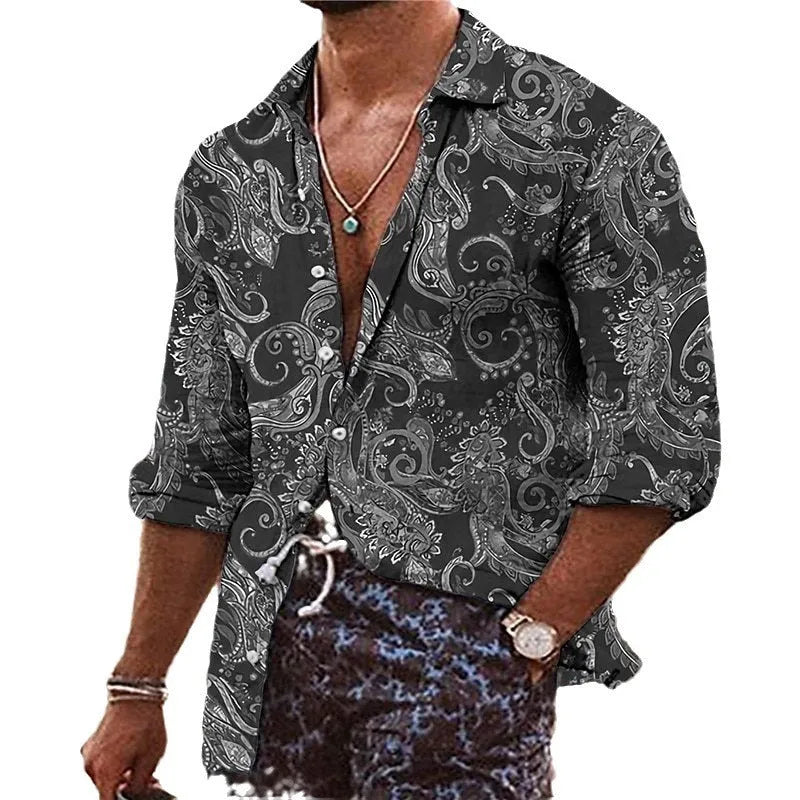 Men's loose fit Bohemian shirt with 3D floral digital printing in polyester fabric