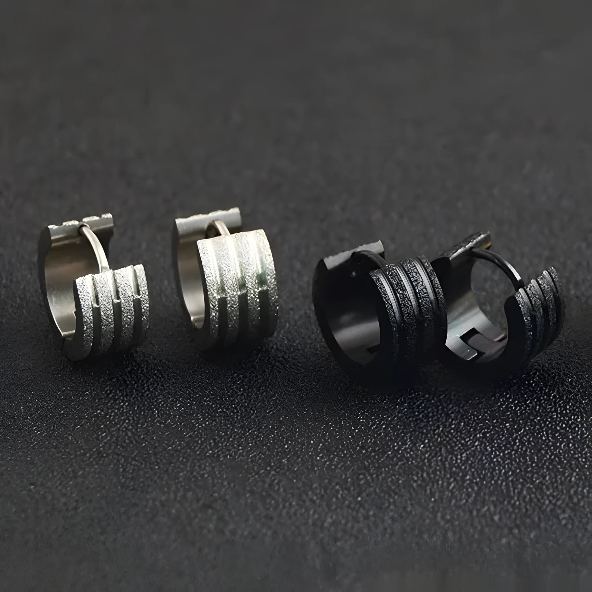 Geometric three-line frosted earrings in titanium steel with electroplated black, gold, or steel finish