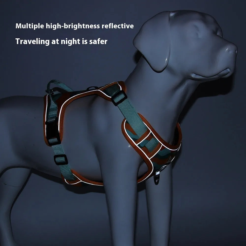 Orange reflective dog harness and leash combination for commuter safety, shown with size options.