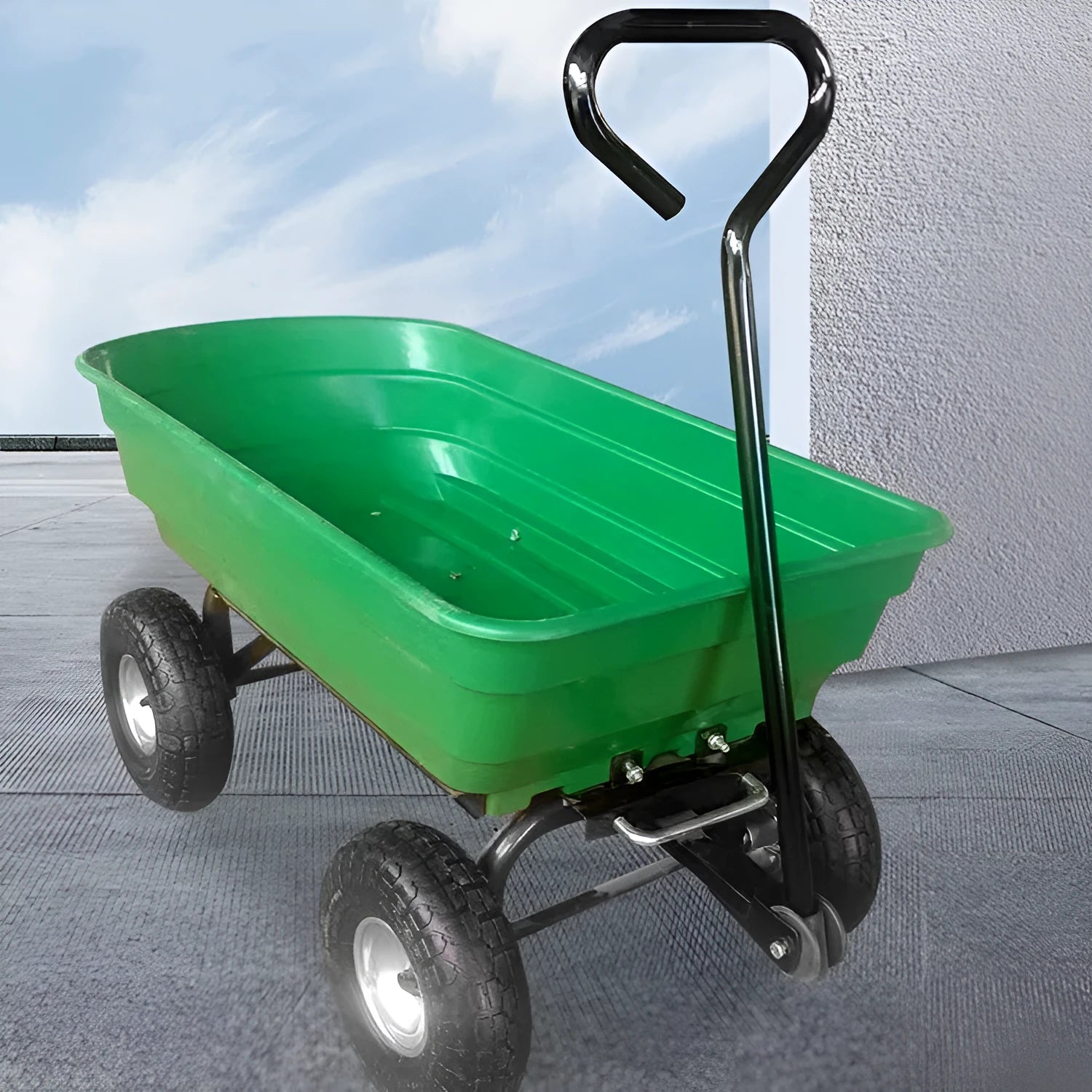 Green four-wheel plastic dump truck with steel PP construction and 350kg load capacity