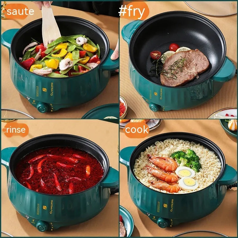 White and green electric cooking pot with integrated heating element and non-stick stainless steel surface