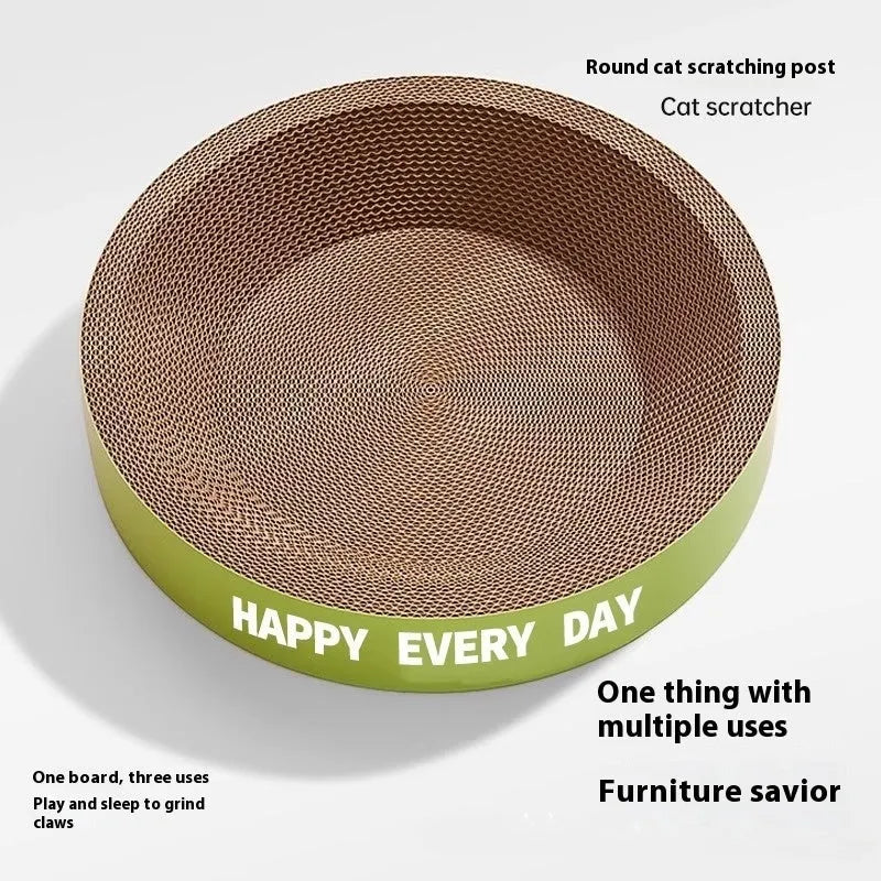 Green round scratching board cat nest showing simple design