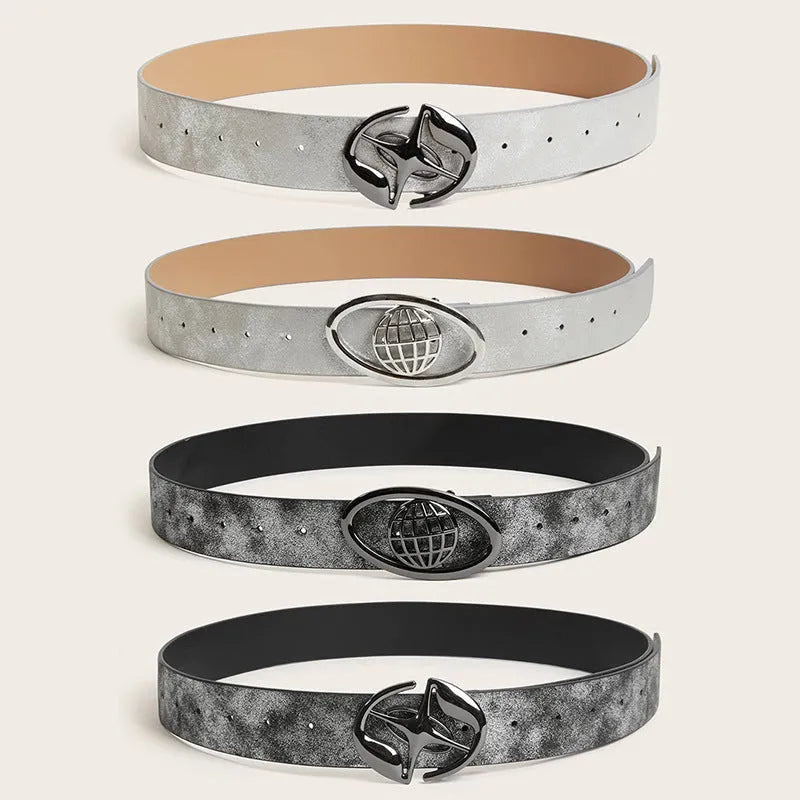 Women's retro thick belt with oval alloy buckle on antique finish PU leather in multiple colour options