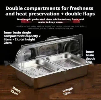 Stainless steel commercial dining plate display box with a removable lid and multiple inner compartments.