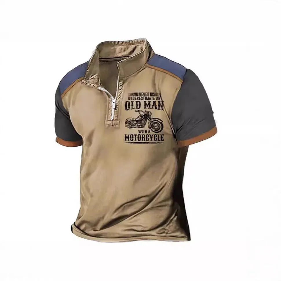 Men's grey casual polo shirt with a lapel collar, short sleeves, and a white digital letter print design on the chest.