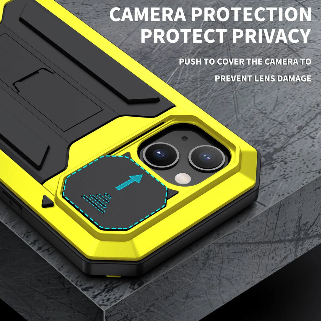 Shockproof metal bracket phone case in silver for iPhone 15 Pro Max with silicone frame and built-in kickstand
