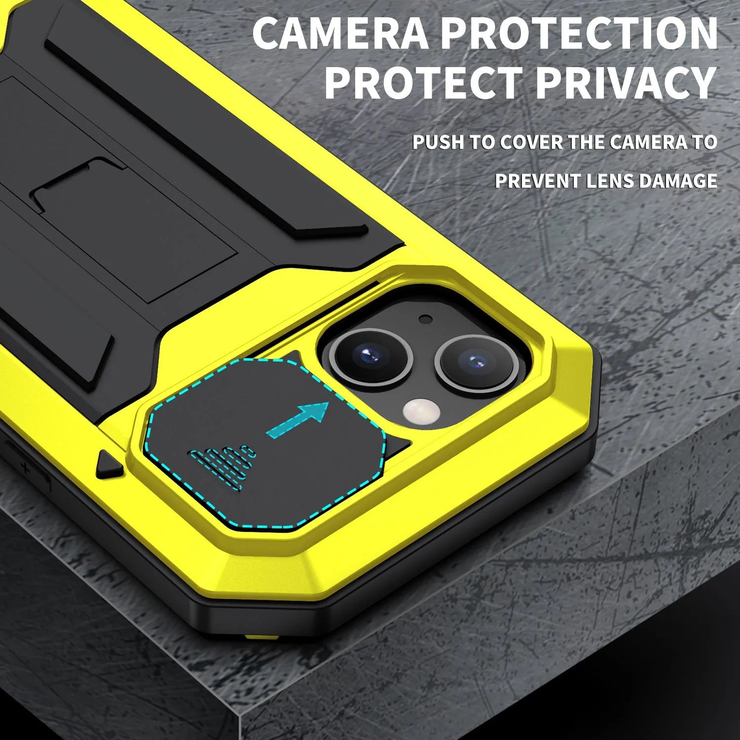 Shockproof metal bracket phone case in silver for iPhone 15 Pro Max with silicone frame and built-in kickstand