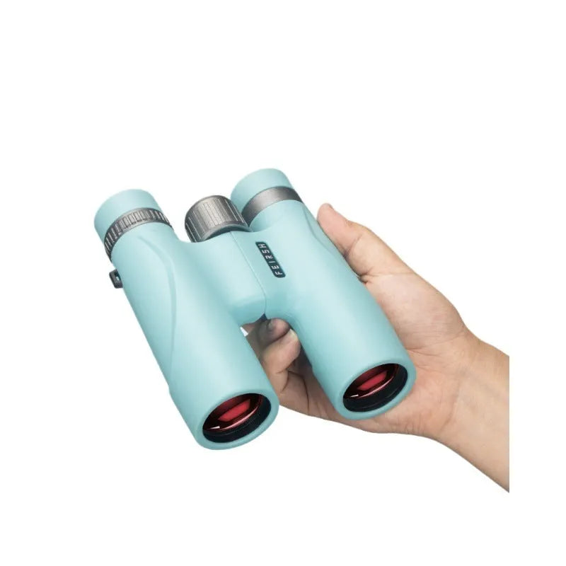 Wine red film imaging bright binoculars in grey or blue colour with 10x32 specifications.