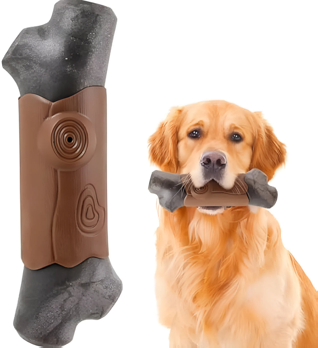 Large branch-shaped nylon dog chew toy with bacon flavour and a squeaker inside.