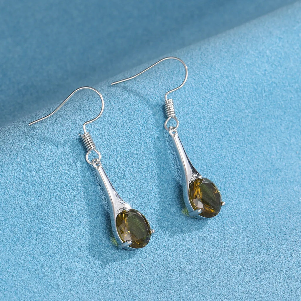 Olive green topaz colour water drop shaped earrings with retro minimalist design