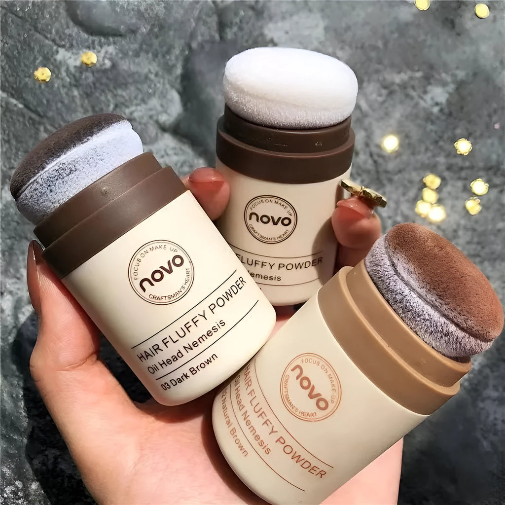 Veejaqa oil control mattifying powder compact in transparent and brown shades for face and bangs.