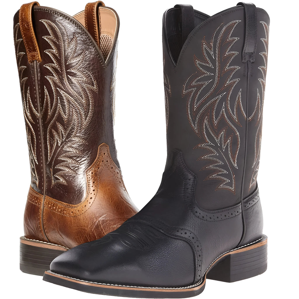 Black western cowboy boots with high embroidery stitching and square toe design