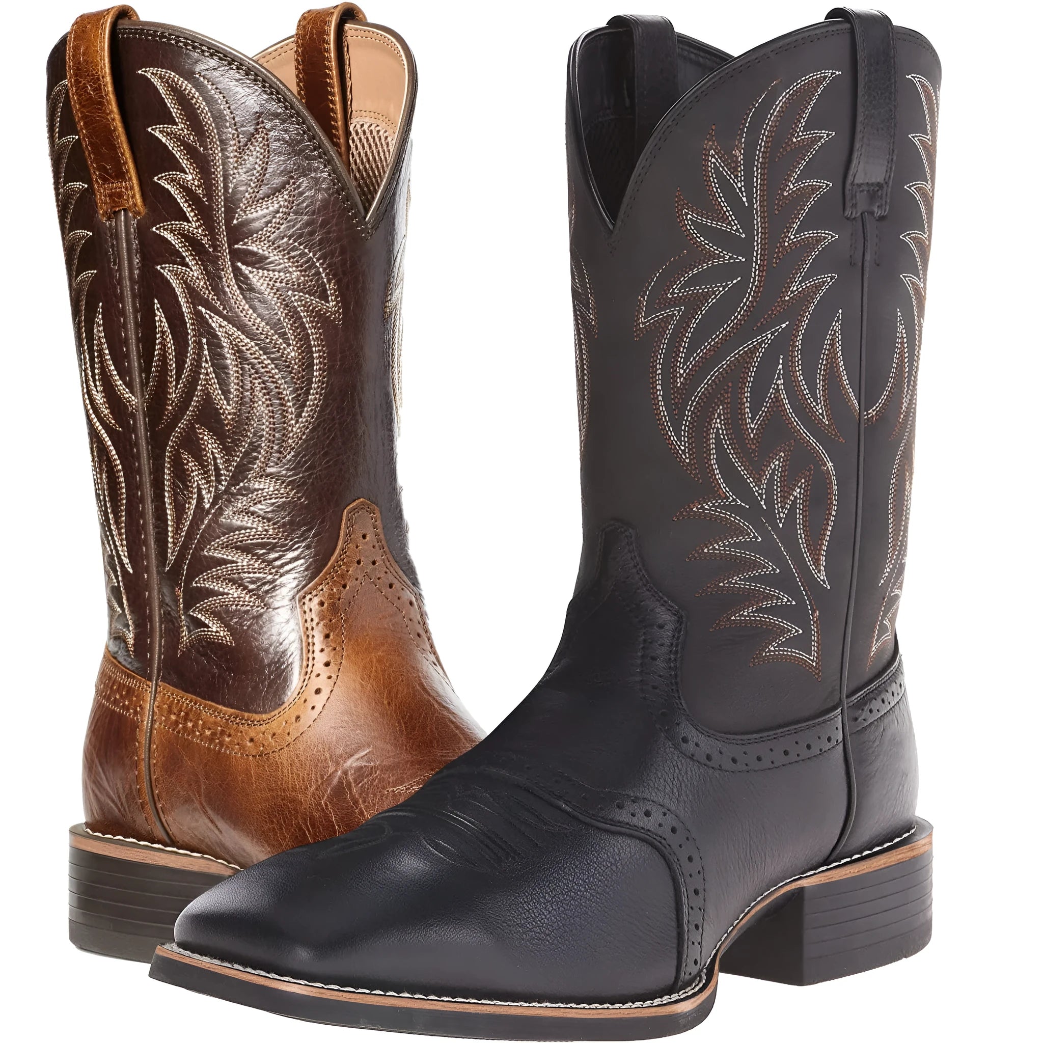 Black western cowboy boots with high embroidery stitching and square toe design