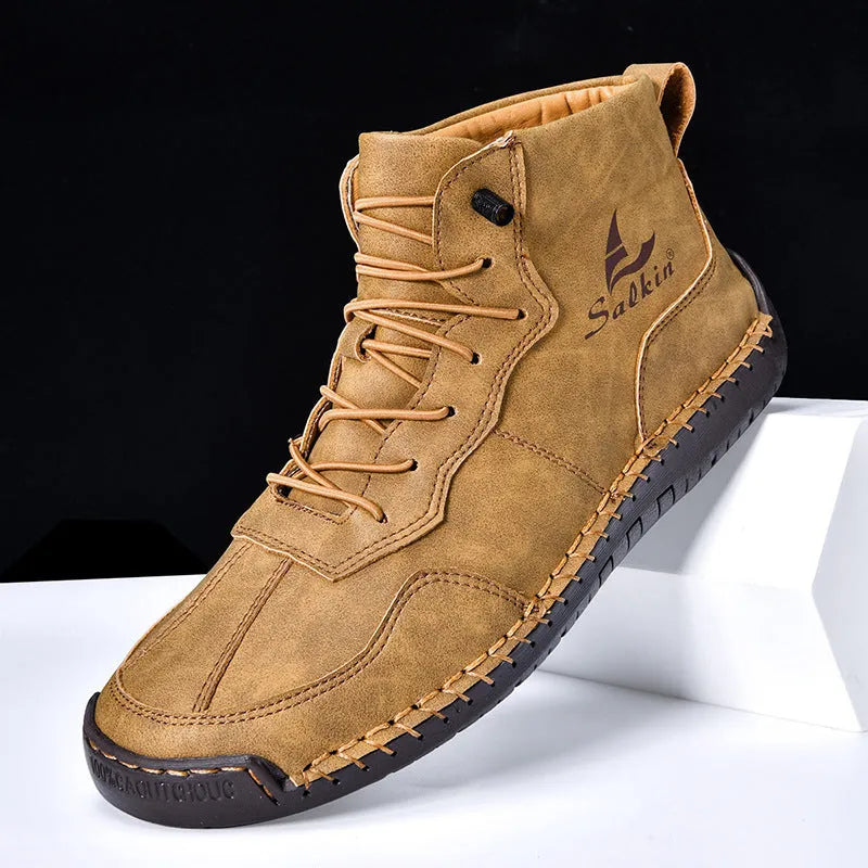 Men's high-top casual boots with elastic band closure and round toe design in dark blue colour