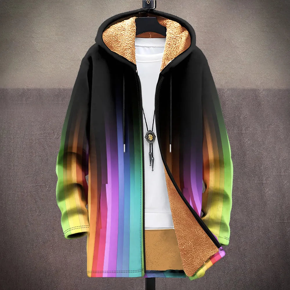 Man wearing a loose fit, multicolour print hooded cardigan with a front zipper.