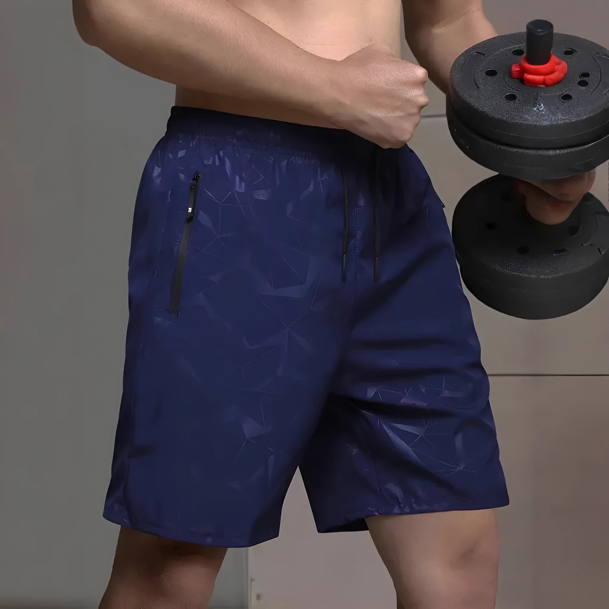 Men's black loose-fit polyester sports shorts with an elasticated waistband.