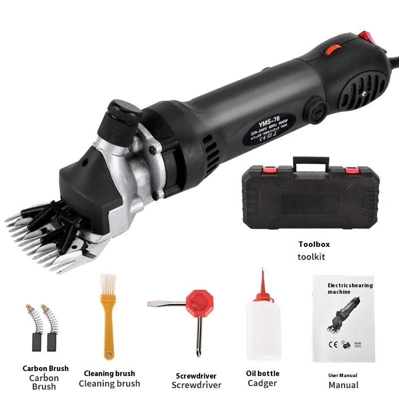 Yellow electric wool shears with 110V plug and multiple blade configurations for sheep shearing