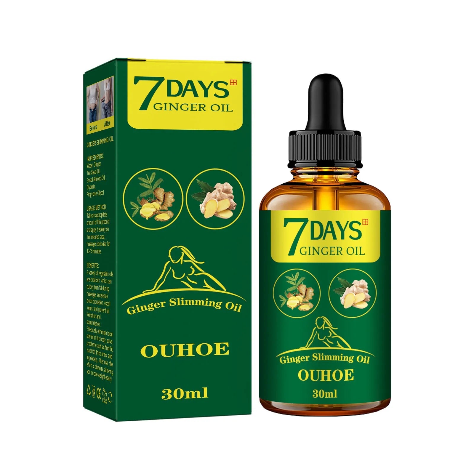 30ml bottle of ginger body shaping essential oil for thigh firming and muscle slimming care