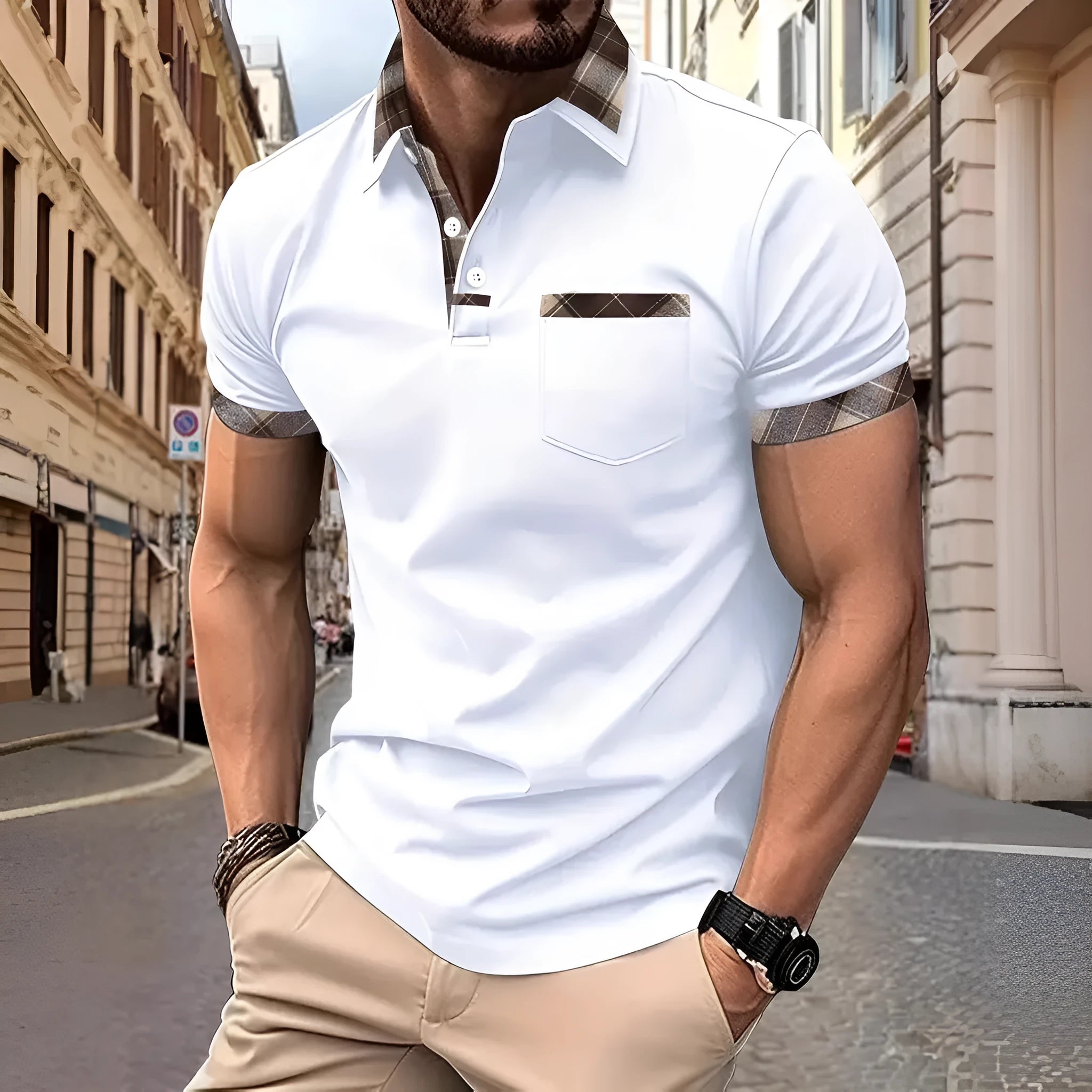 Men's plaid colourblock t-shirt with short sleeves and zipper decoration details
