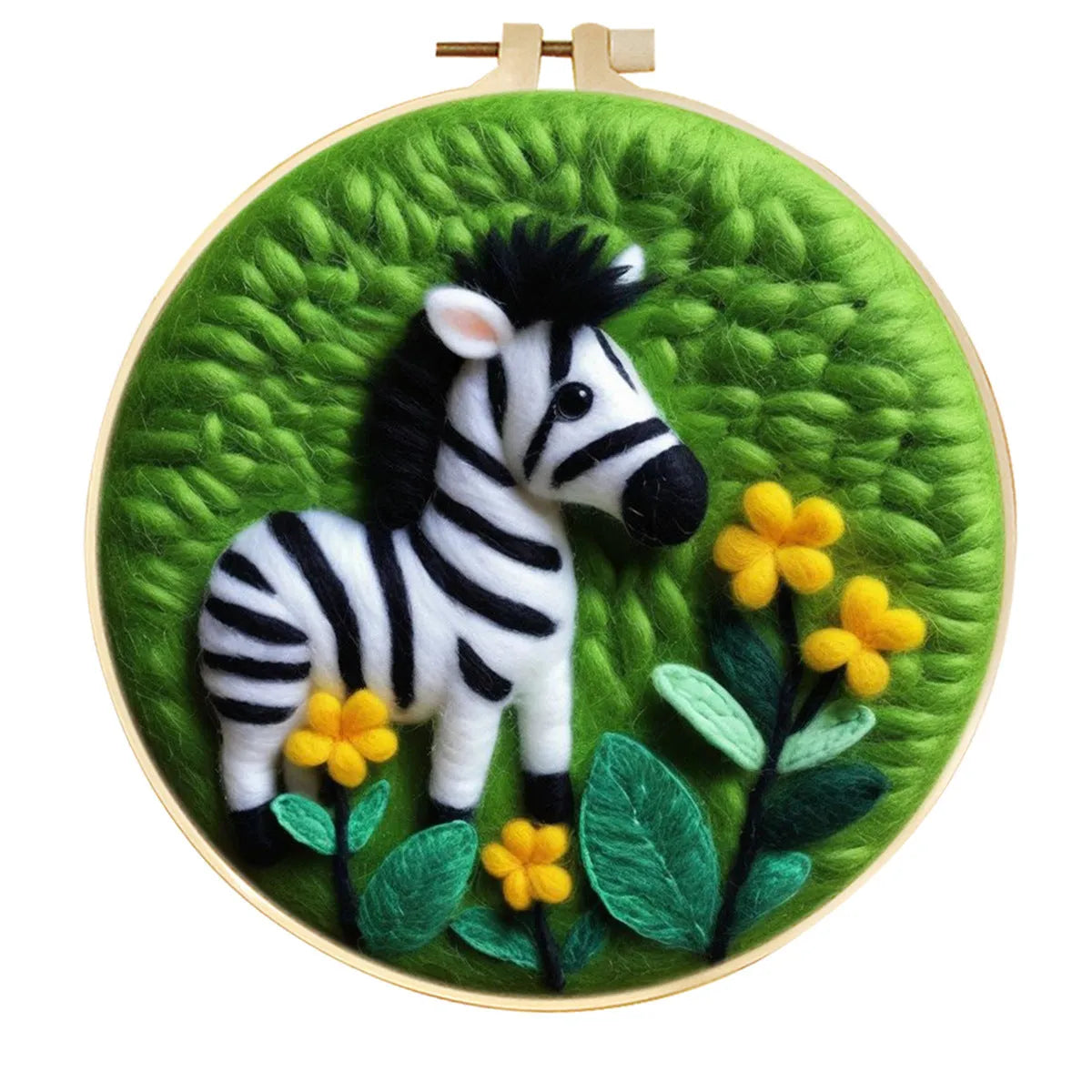 Round linen embroidery kit with wool felt materials for three-dimensional floral design