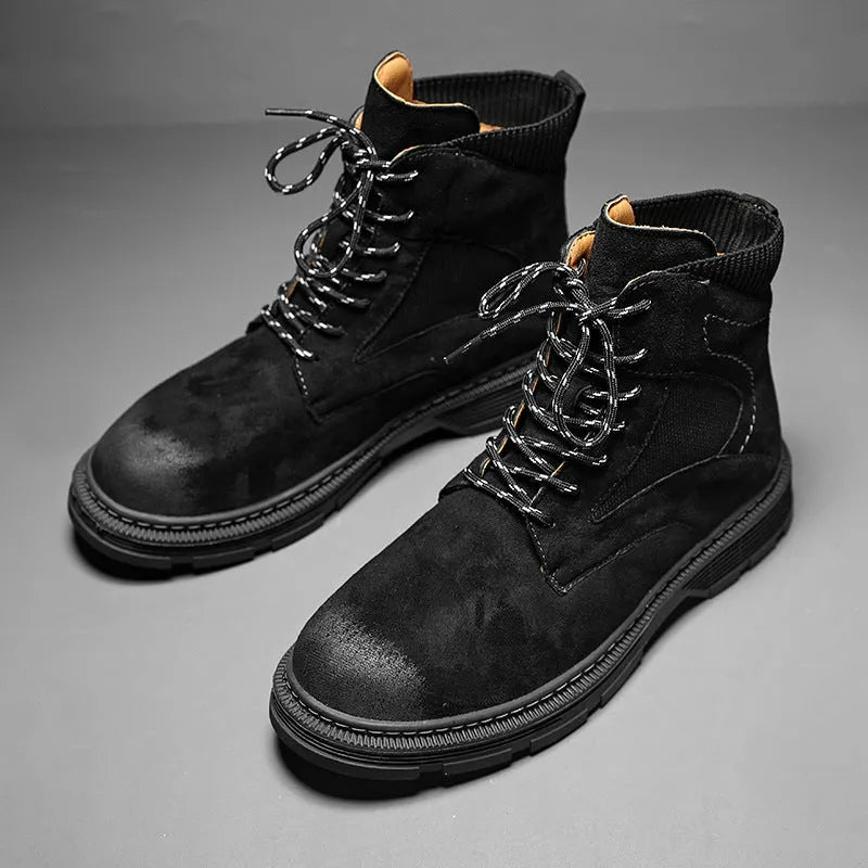 Men's vintage Martin boots in black, grey or sand colour with round toe and low thick heel
