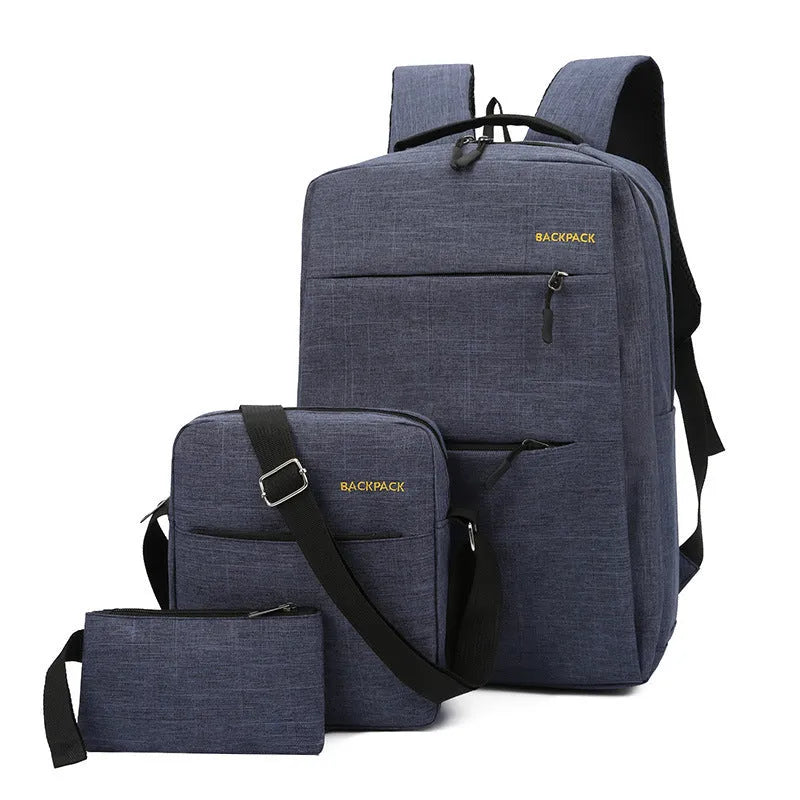 Men's three-piece computer bag set in black with USB charging port and multiple compartments