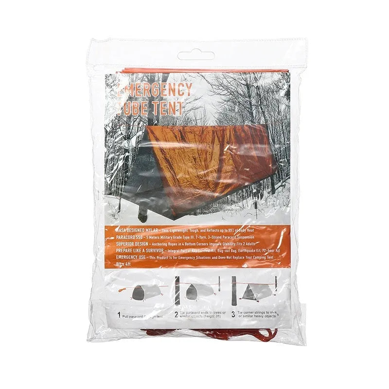 Orange portable disaster relief tent kit with sleeping bag, raincoat, and emergency blanket packed together.