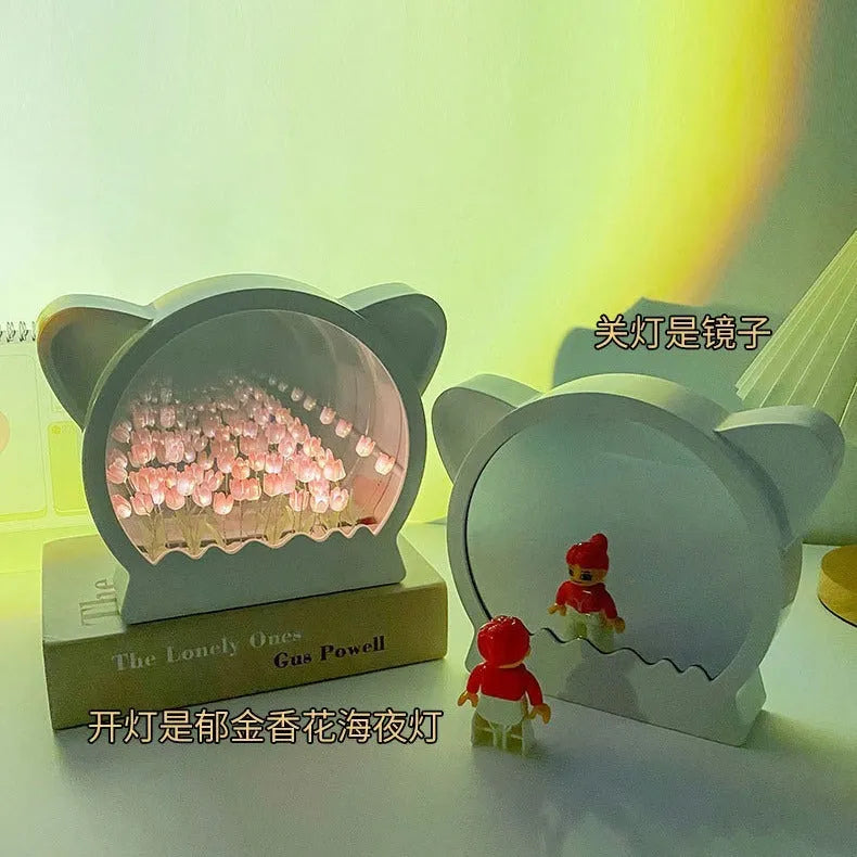 Handmade DIY cat head night lamp with colourful tulip flowers inside silhouette