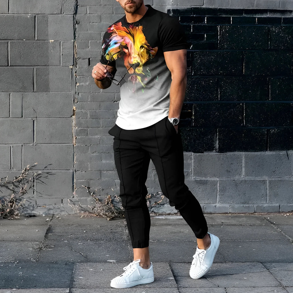 Men's short sleeve printed pullover and trousers set in thin polyester blend fabric for sports and casual wear