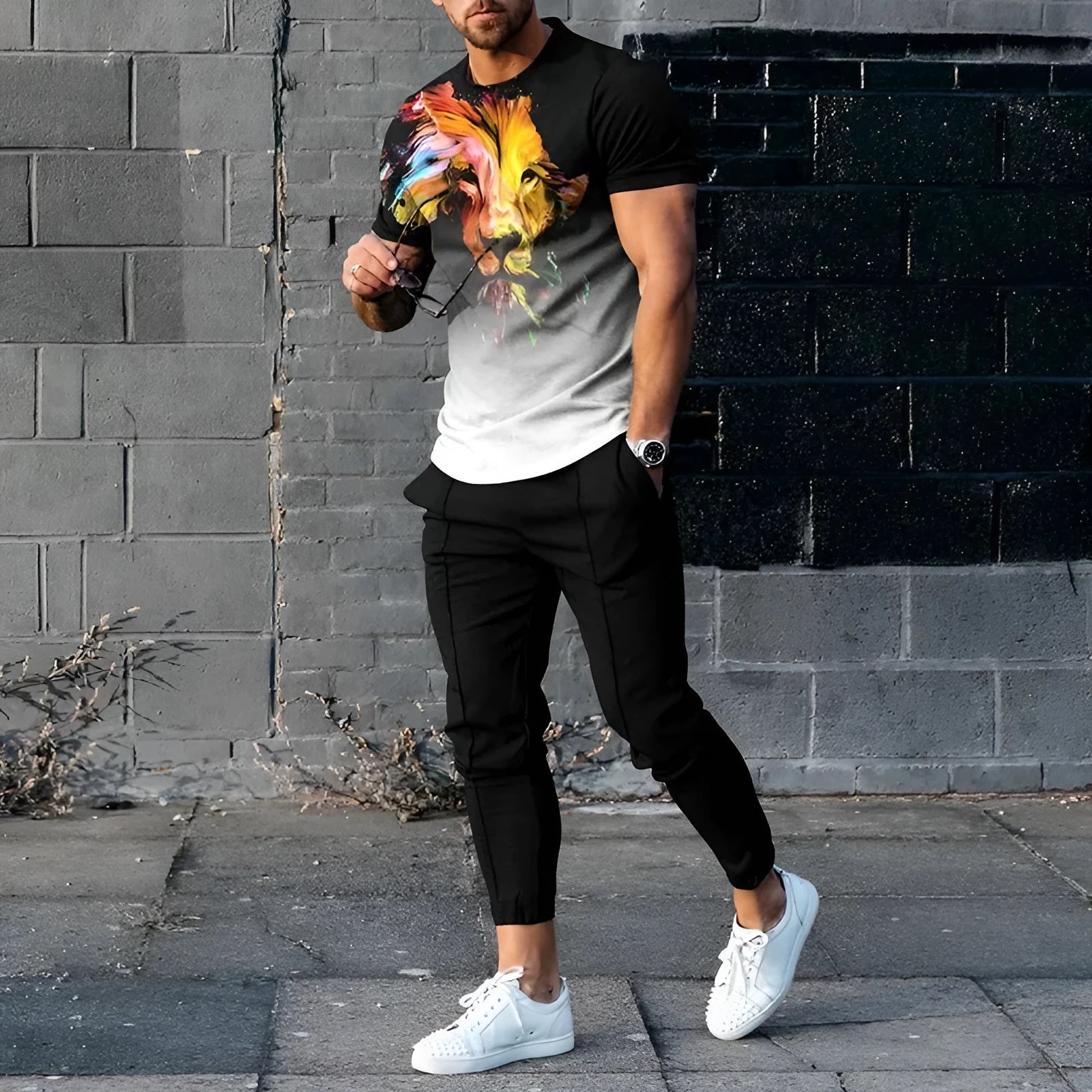 Men's short sleeve printed pullover and trousers set in thin polyester blend fabric for sports and casual wear