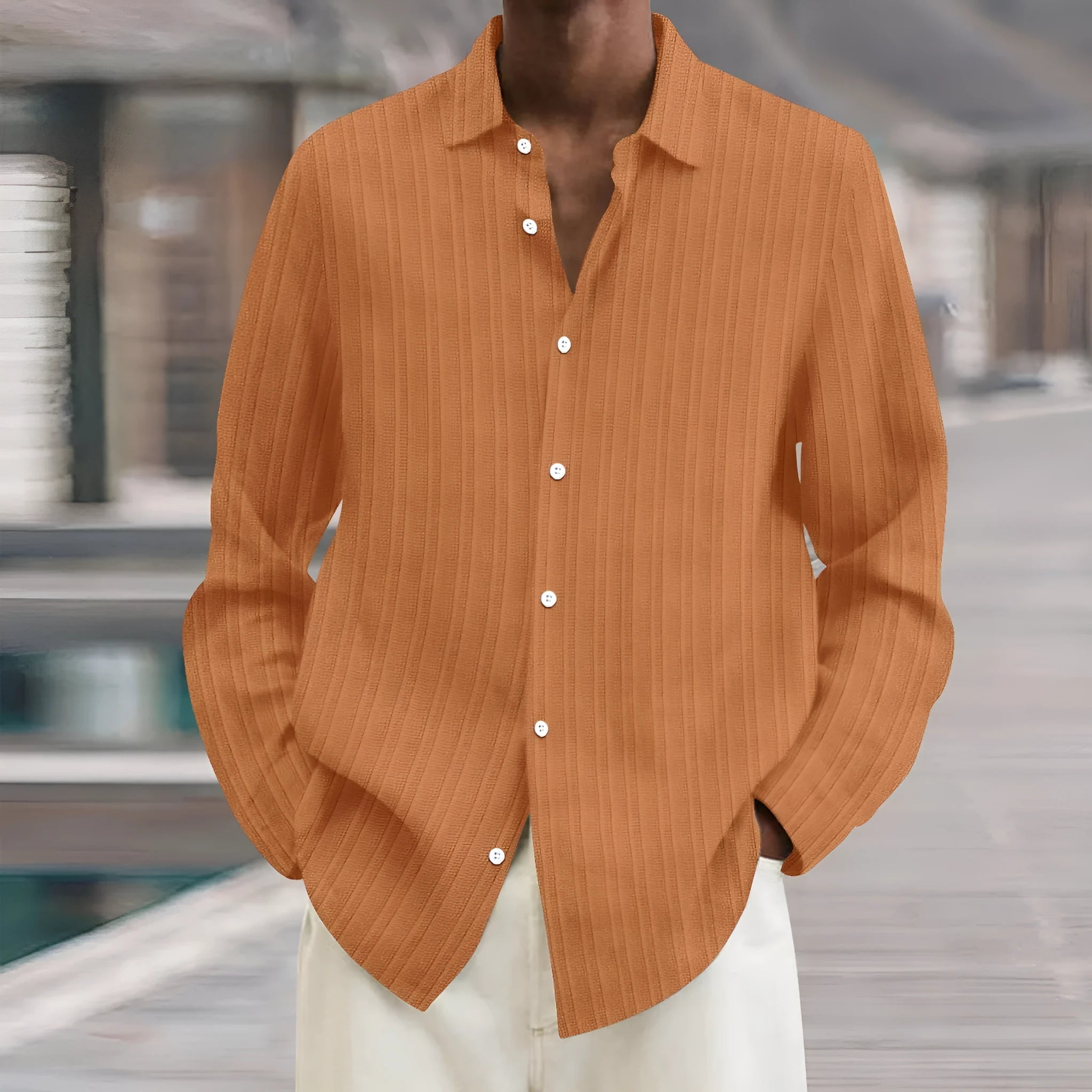 Men's striped long sleeve cardigan shirt in a loose British style fit, showing 3D pattern detail.
