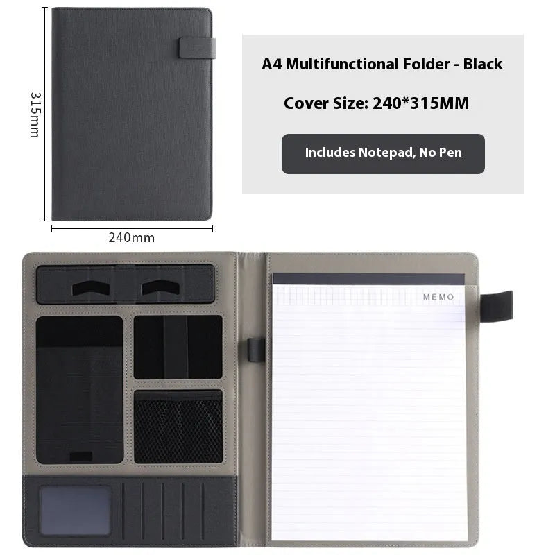 Leather A4 business folder in black with optional pen and notepad accessories