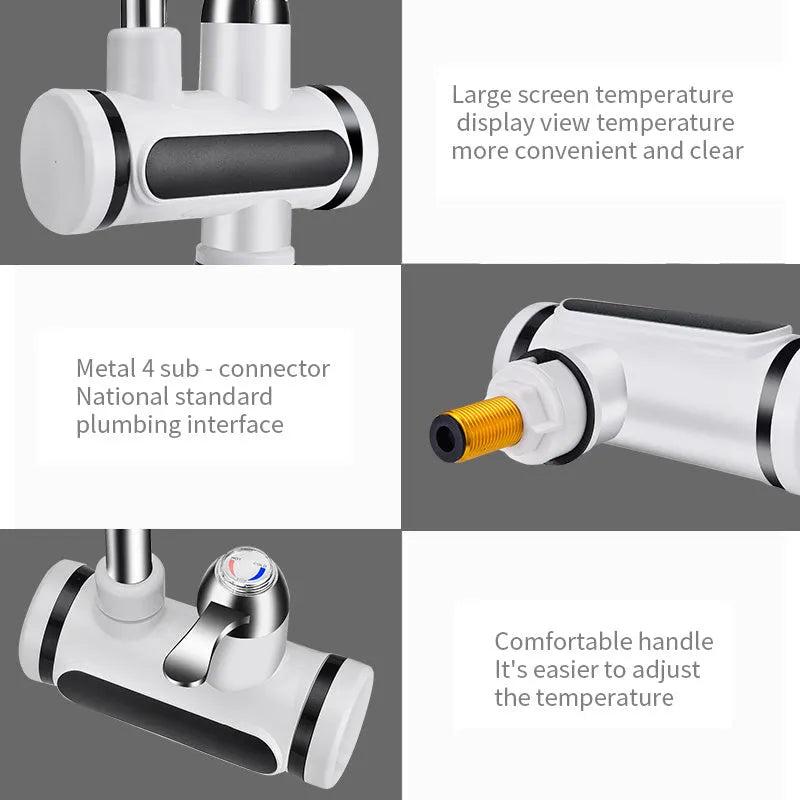 White kitchen electric water heater tap with digital temperature display and instant heating function