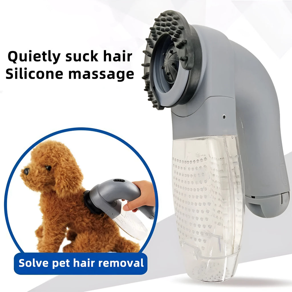 Grey portable electric pet hair vacuum cleaner with soft rubber head for grooming dogs and cats