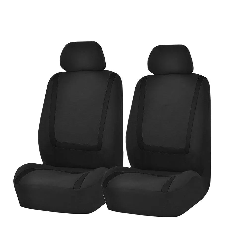 Universal car seat cover set showing fabric construction with headrest and seat protection