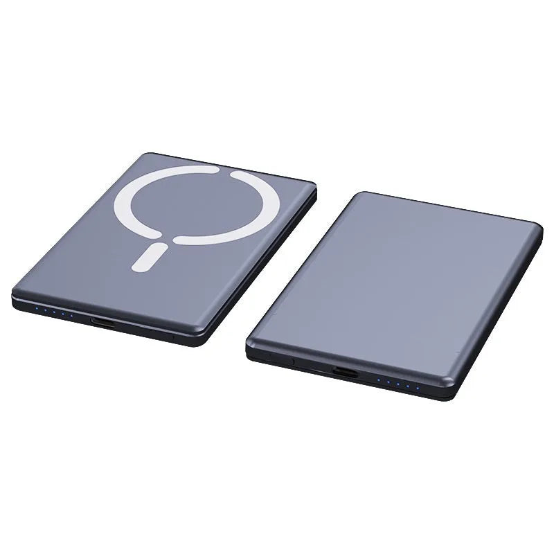 Ultra-thin magnetic power bank in dark grey, silver, black, or violet colours with compact 105x66x9mm dimensions