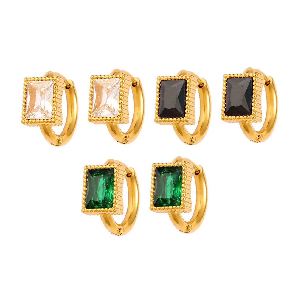 Geometric square stainless steel earrings with zircon detailing in electroplated white, black and green colours
