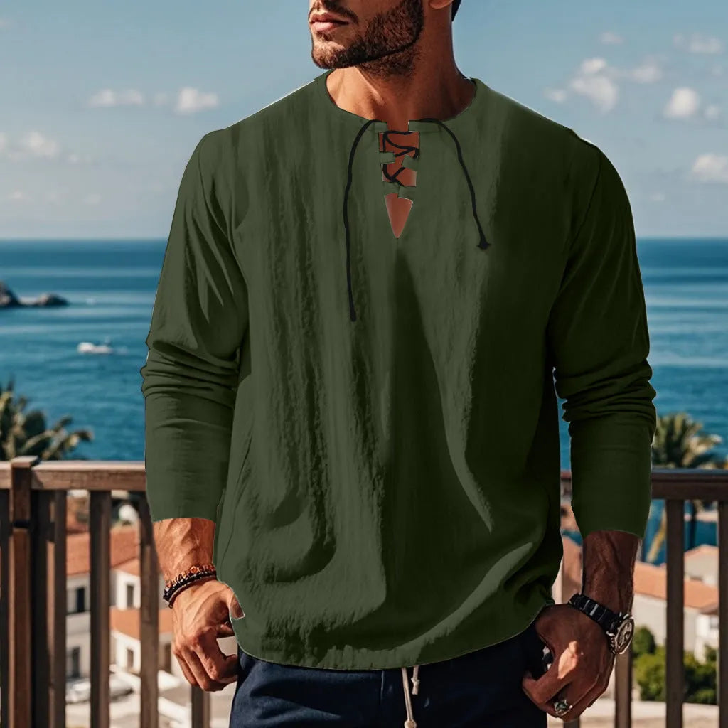 Men's cotton linen blend beach ruff shirt in loose fit pullover style