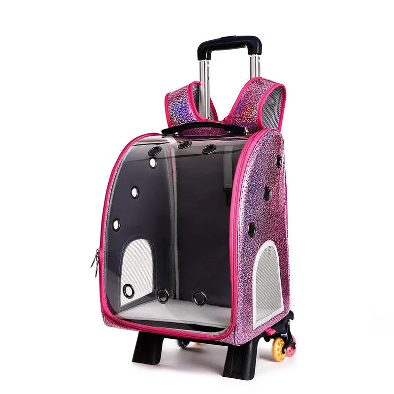 Transparent pet trolley bag with hard sides and Oxford cloth backpack for small dog transport